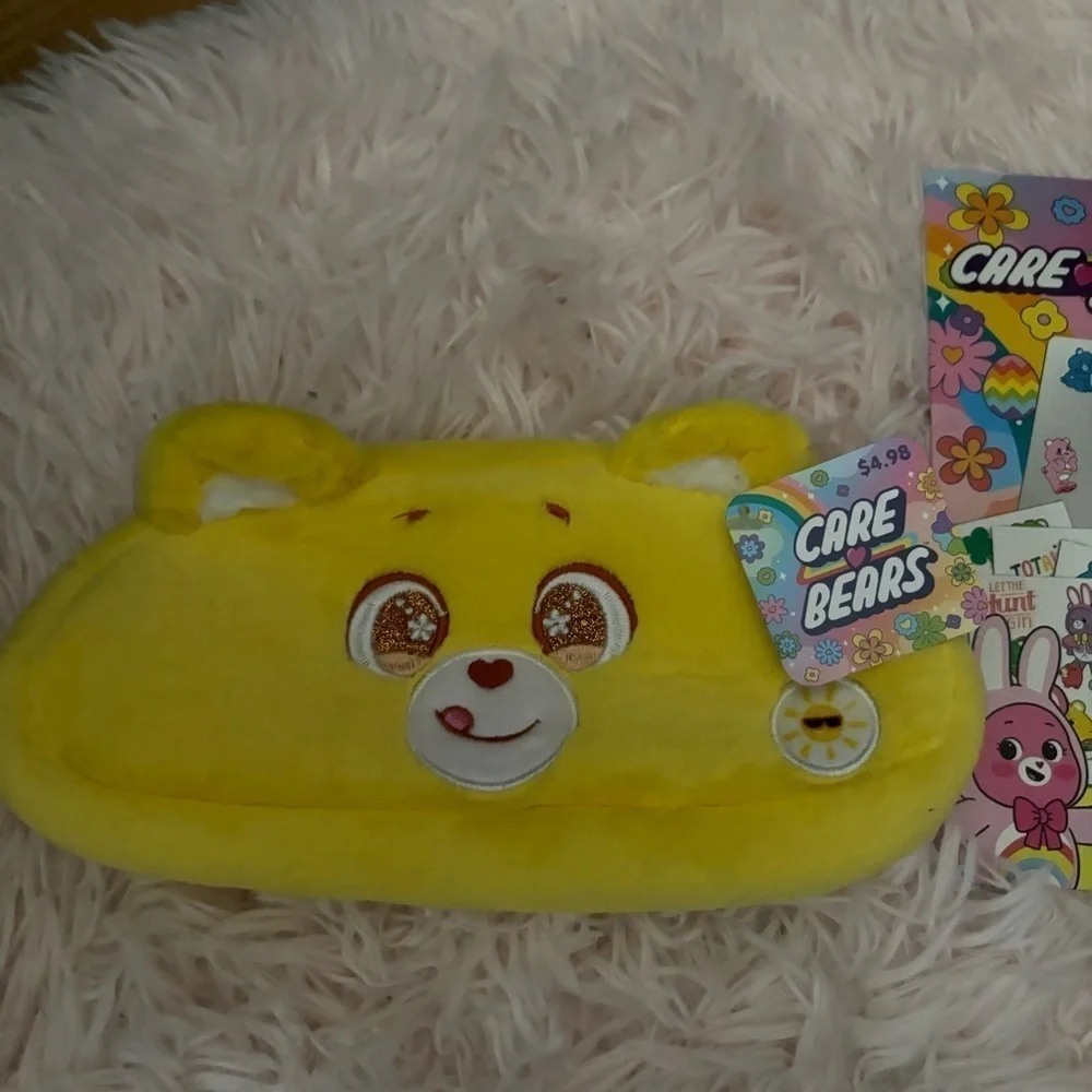 Care Bears Yellow Pencil Case with Device Decals NEW Sunshine Fuzzy